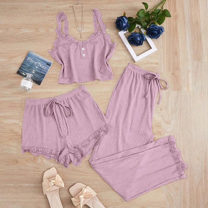 Women's Lace Trim Cami Three Piece Pajama Set with Shorts and Pants