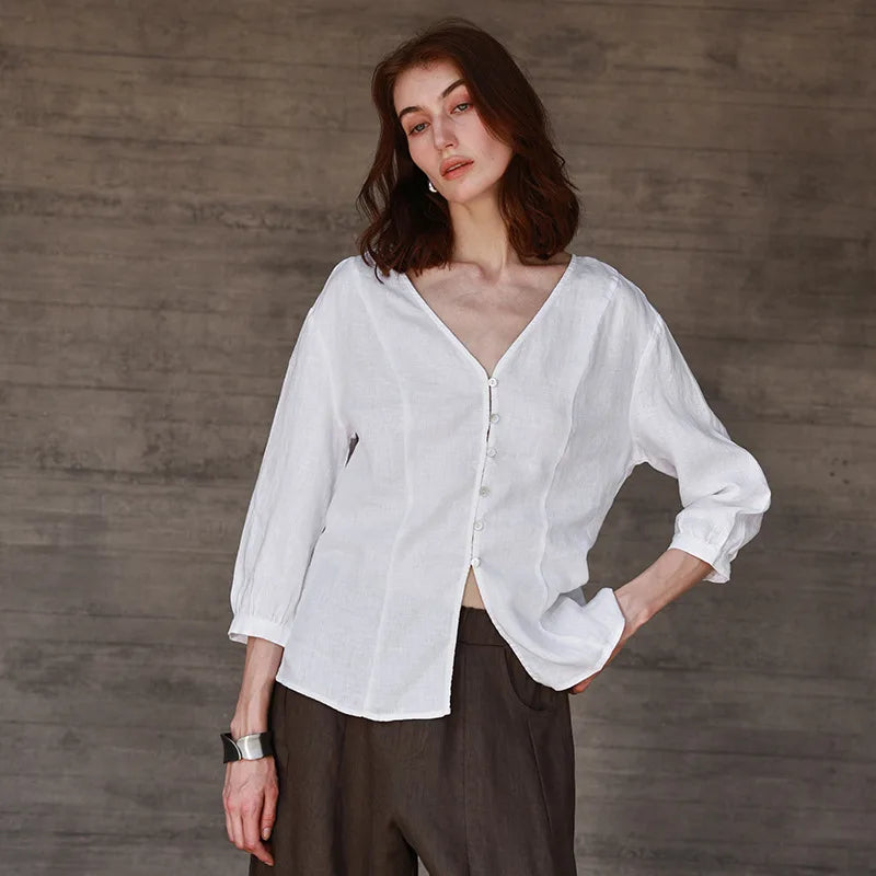Women's Linen V-Neck Button-Up Shirt with Three-Quarter Sleeves for Casual Everyday Outfits