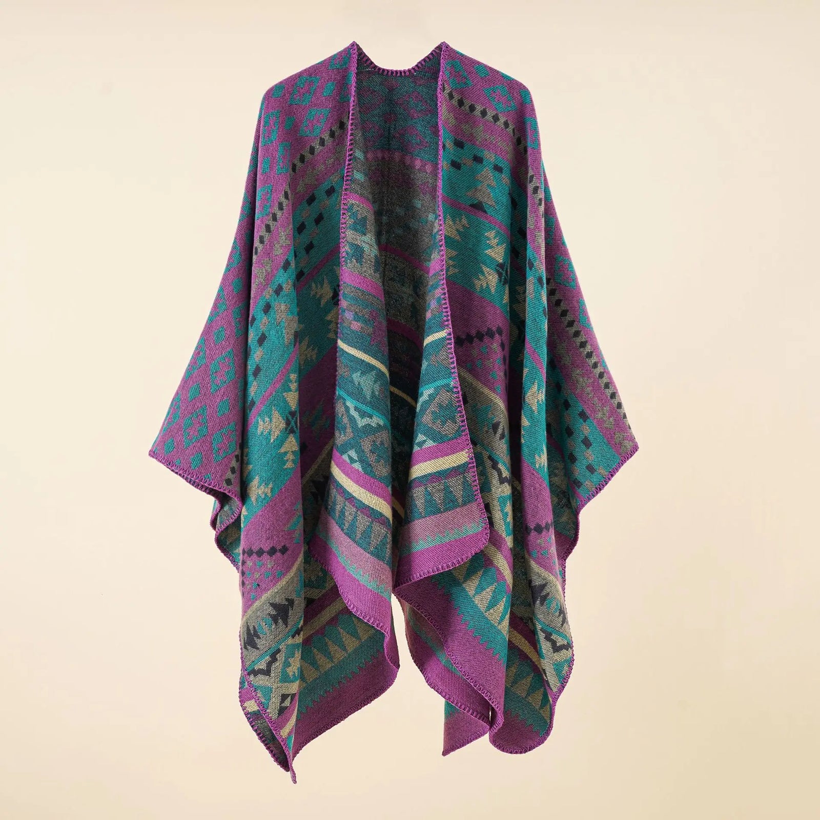 Geometric Pattern Open Front Poncho for Layering over Outfits