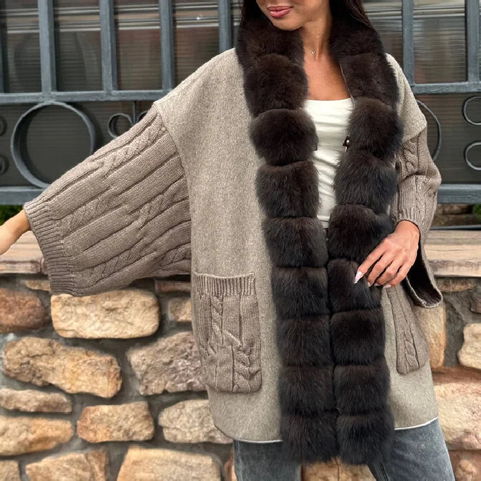 Cable Knit Plush Collar Poncho for Layering over Outfits