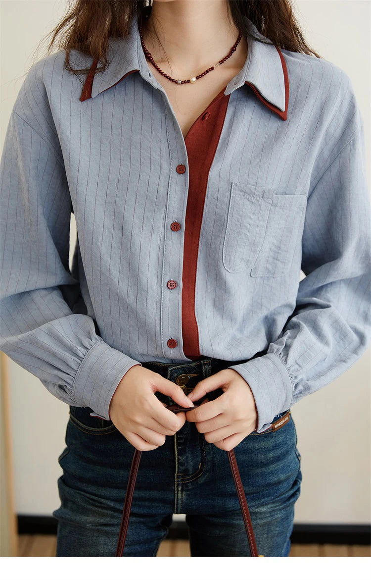 Women's Striped Shirt with Contrast Collar and Buttons