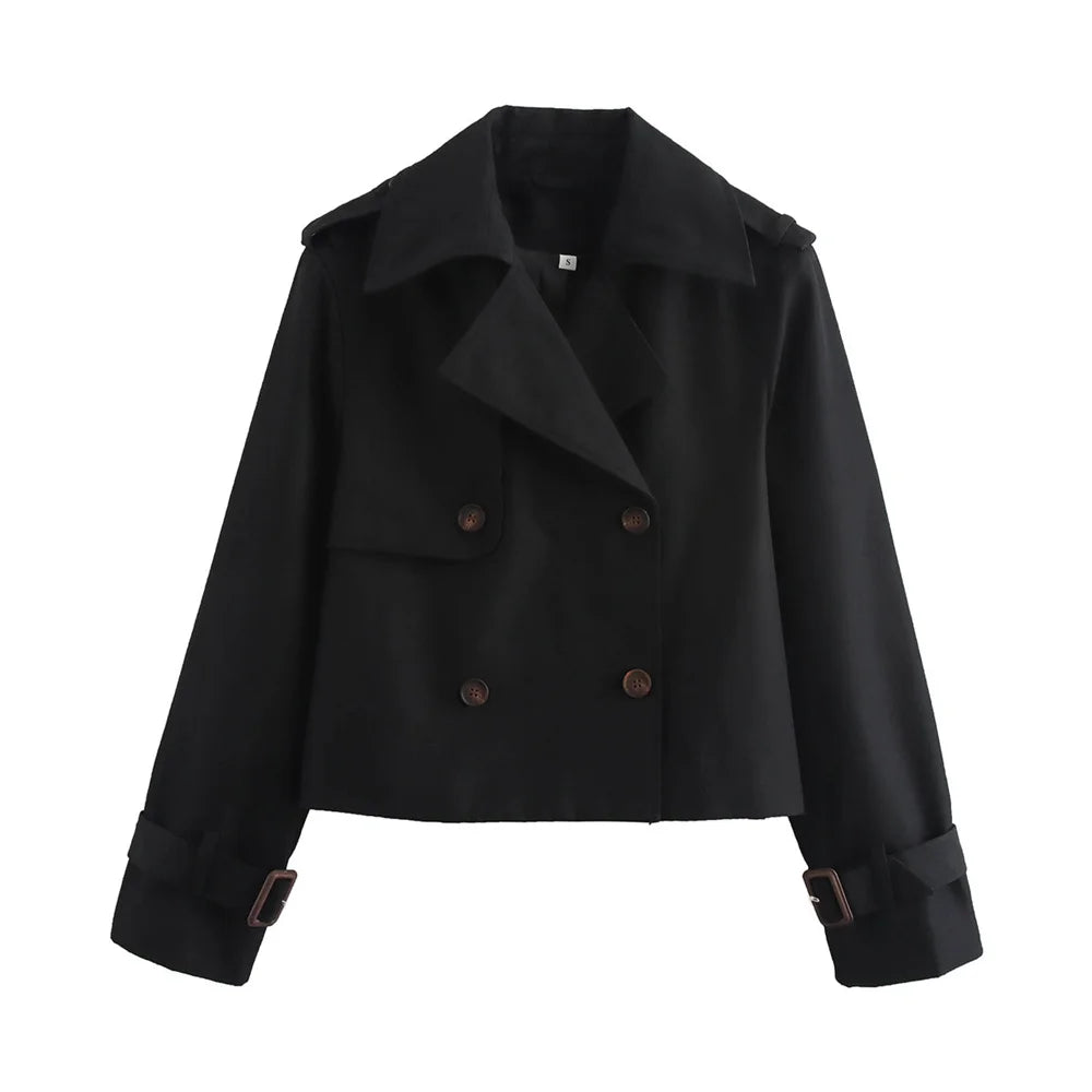 Cropped Double-Breasted Long-Sleeve Trench Jacket