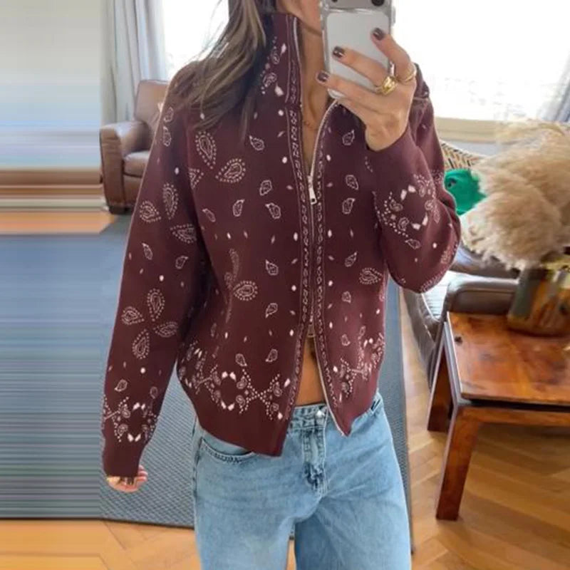 Women's Patterned Zip And Button Front Cardigan Casual Knit Layer