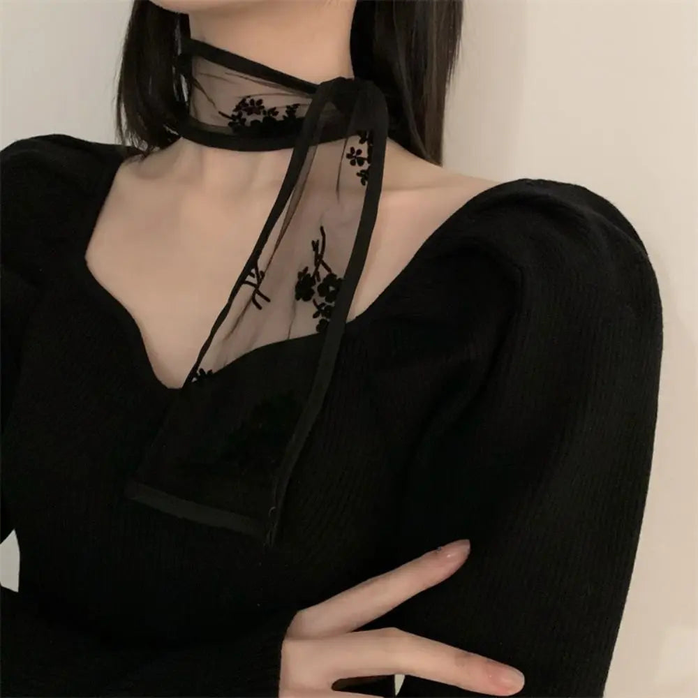 Floral Lace Ribbon Scarf with Sheer Decorative Texture