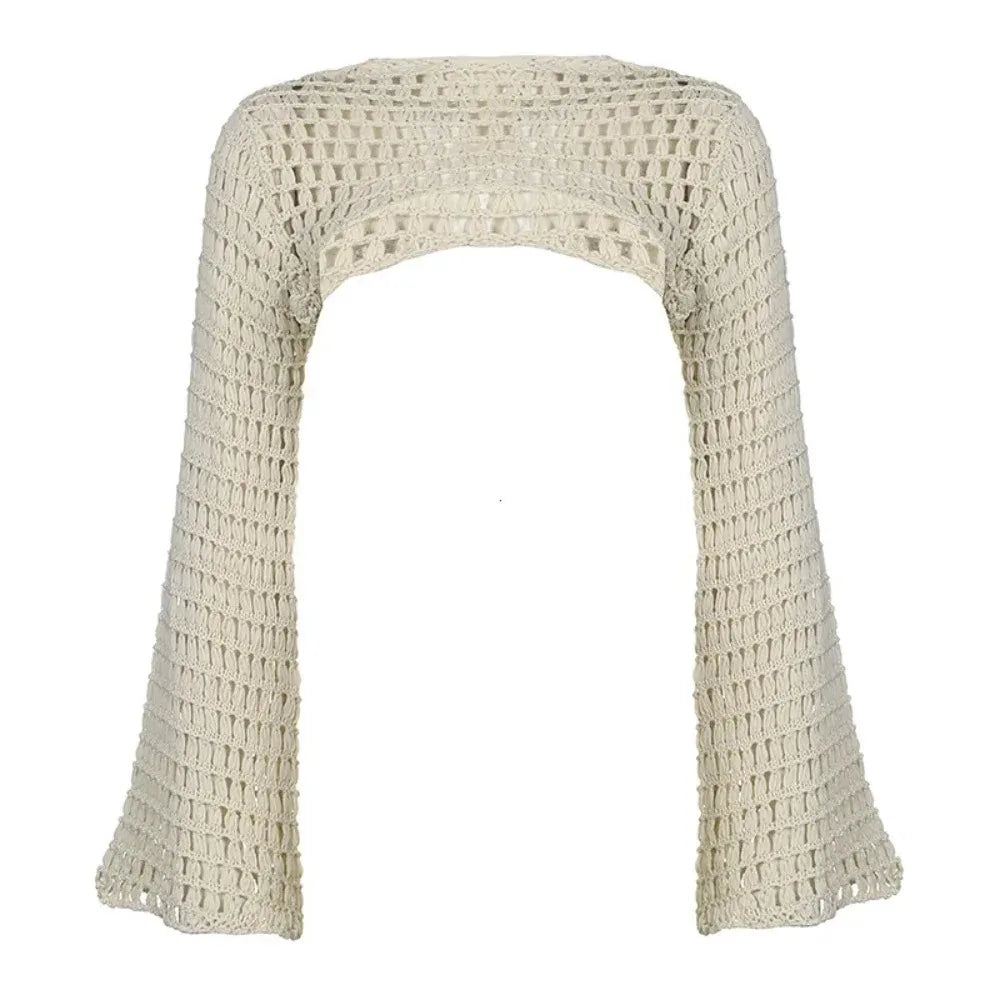 Women's Open Knit Cropped Long Sleeve Crop Top