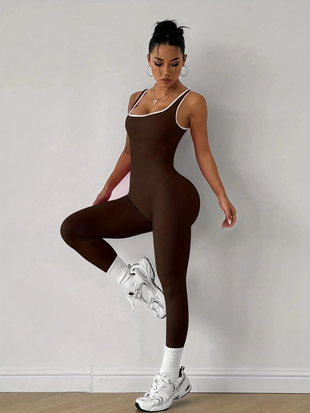 Women's Racerback Nylon Blend Workout Jumpsuit with White Trim and Back Cutout