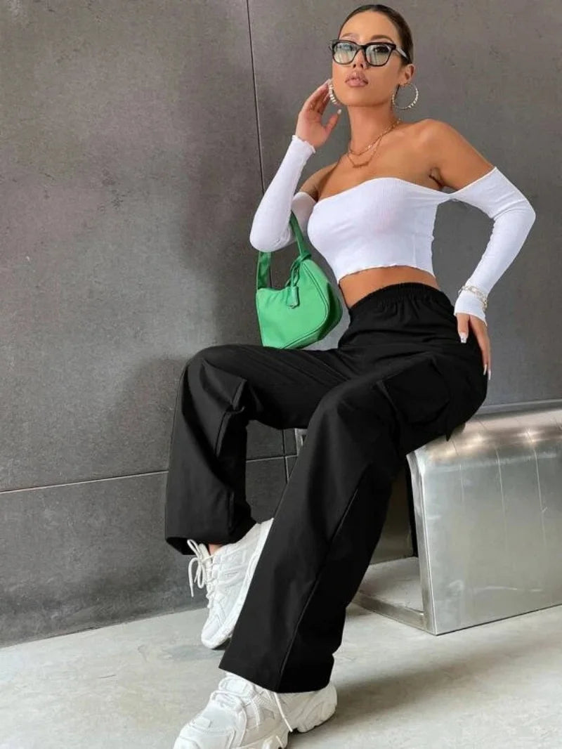 Women's Wide Leg Cargo Pants with Elastic Waist and Large Pockets