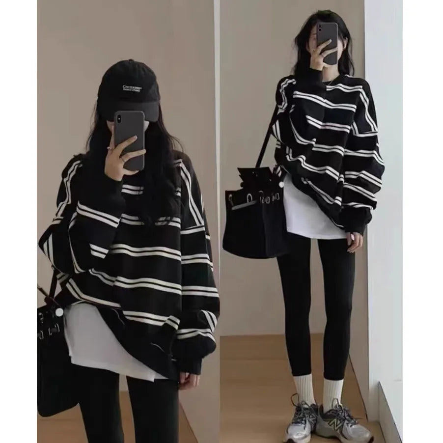 Striped Long Sleeve Pullover Casual Sweatshirt for Layering