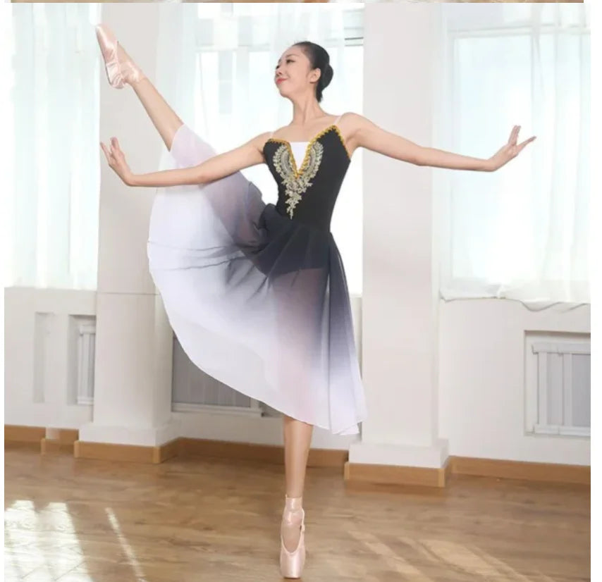 Women's Gradient Ballet Dance Dress with Flowing Skirt and Decorated Bodice