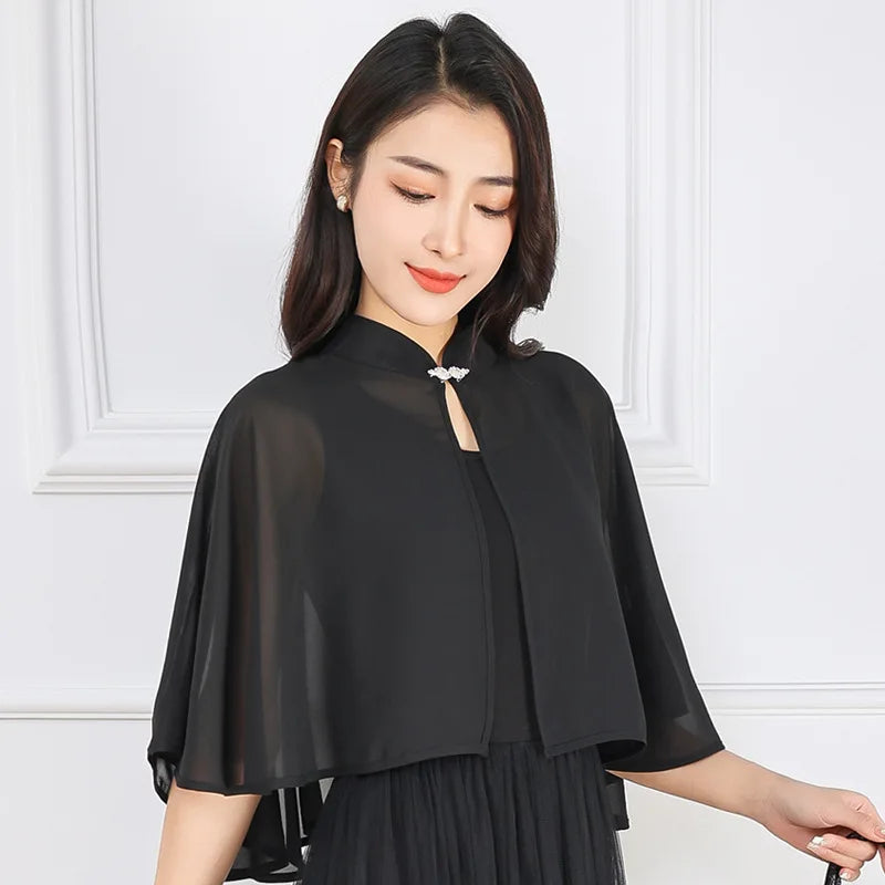 Clasp Front Chiffon Capelet for Layering over Dresses and Tops