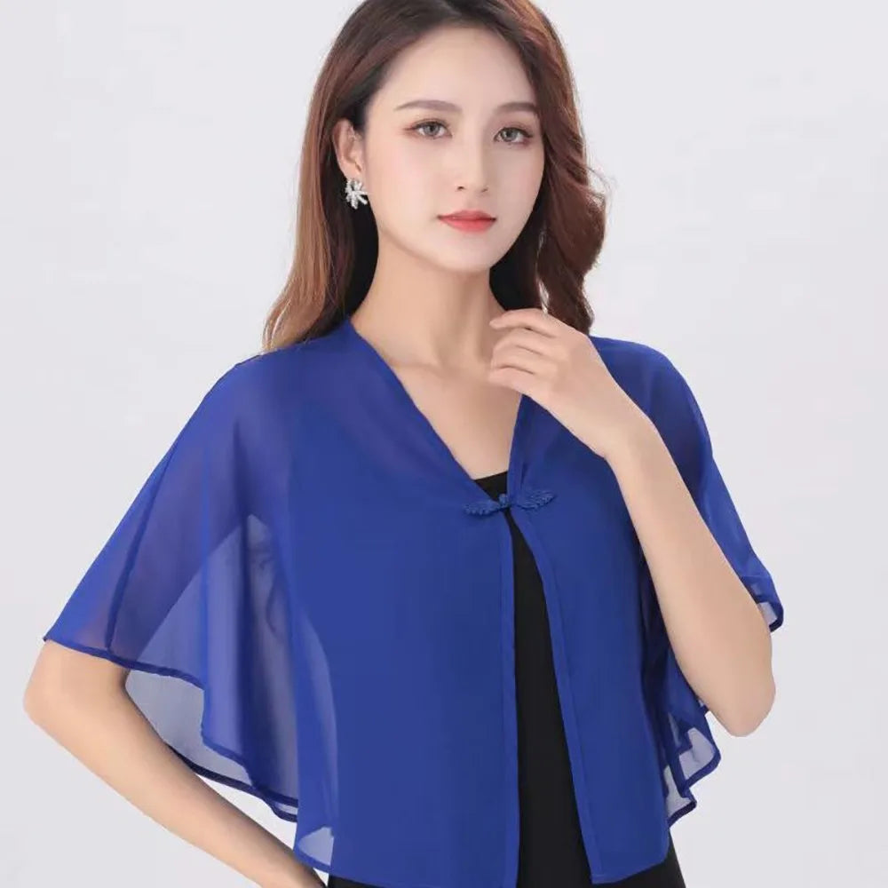 Short Clasp Front Chiffon Cape for Layering over Outfits