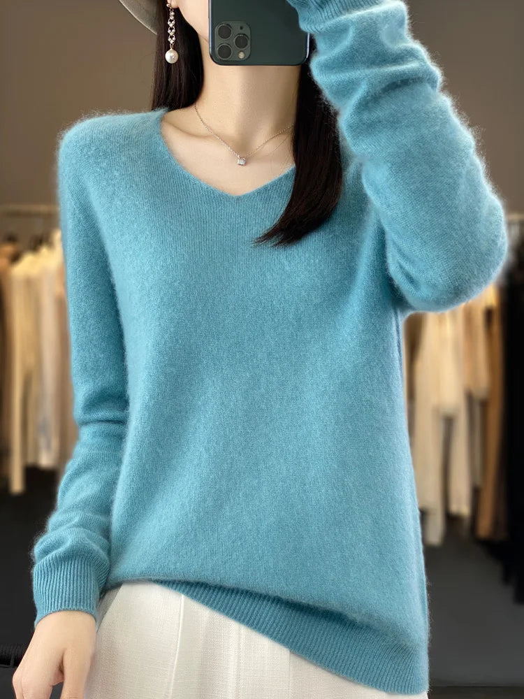 Women's V Neck Long Sleeve Sweater Casual Knit Layer