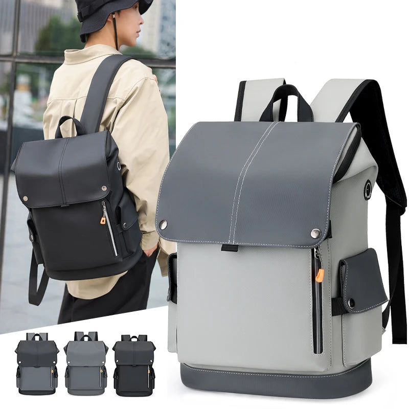 Men's Flap Backpack with Contrasting Panels and Buckle Strap Details