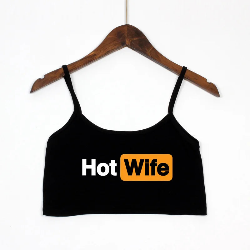 Women's Hot Wife Letter Print Cropped Camisole with Thin Shoulder Straps