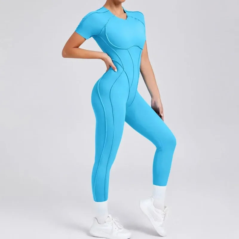 Women's Short Sleeve Nylon Blend Workout Jumpsuit with Open Back