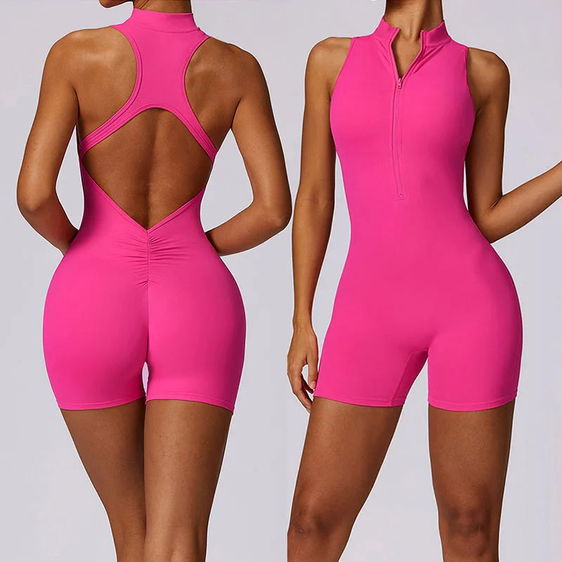 Women's Zip-Front Open-Back Workout Romper