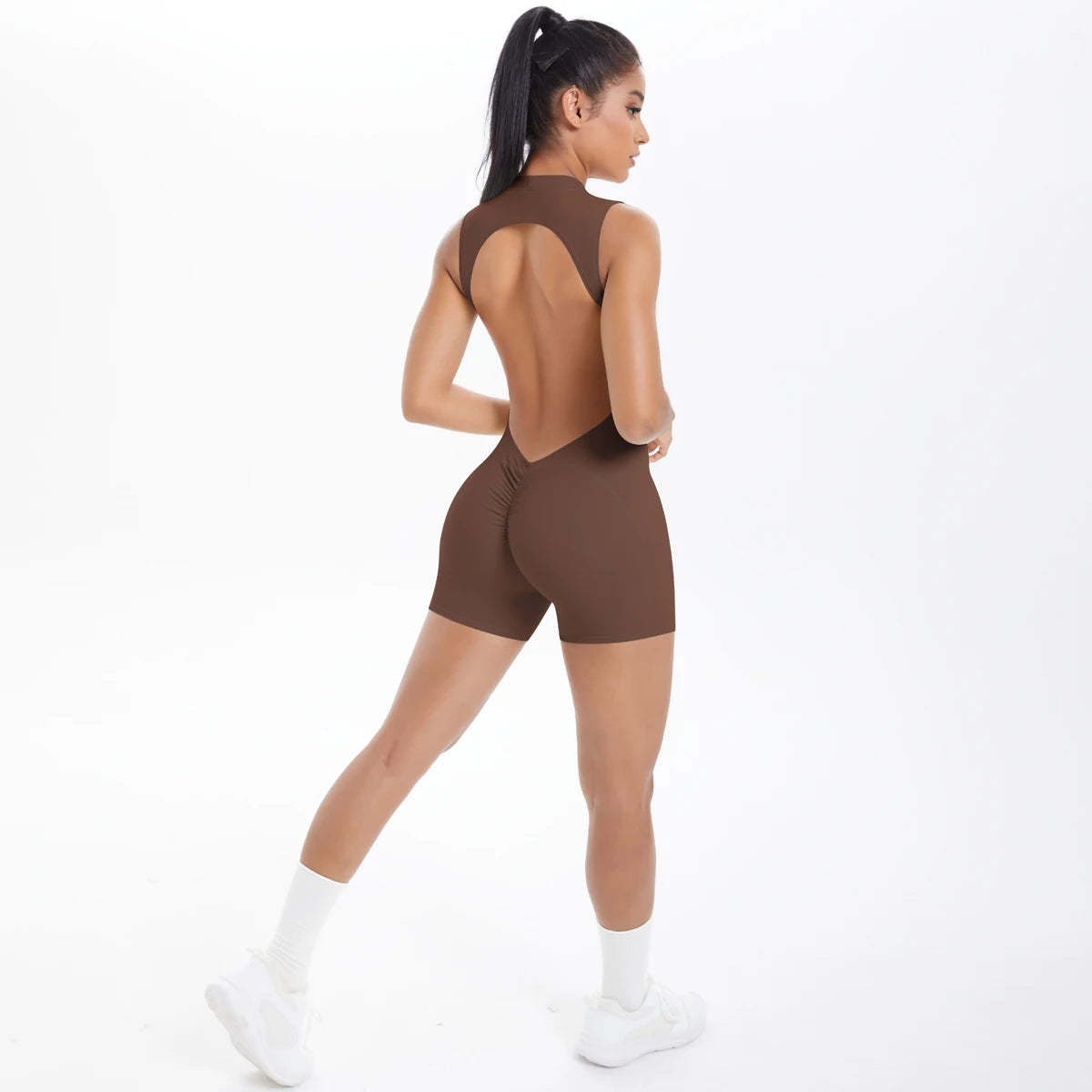 Women's High Neck Nylon Blend Workout Romper with Open Back and Short Legs