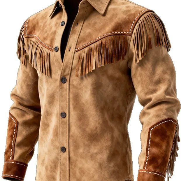 Men's Suede-Look Fringed Button-Front Long-Sleeve Jacket