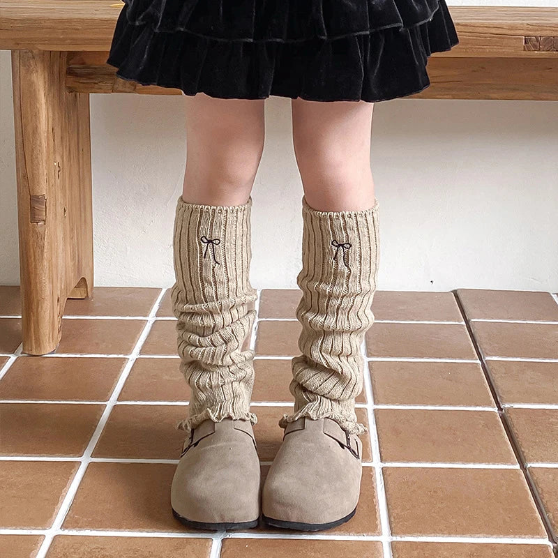 Children's Ribbed Leg Warmers with Embroidered Bow and Ruffled Cuffs