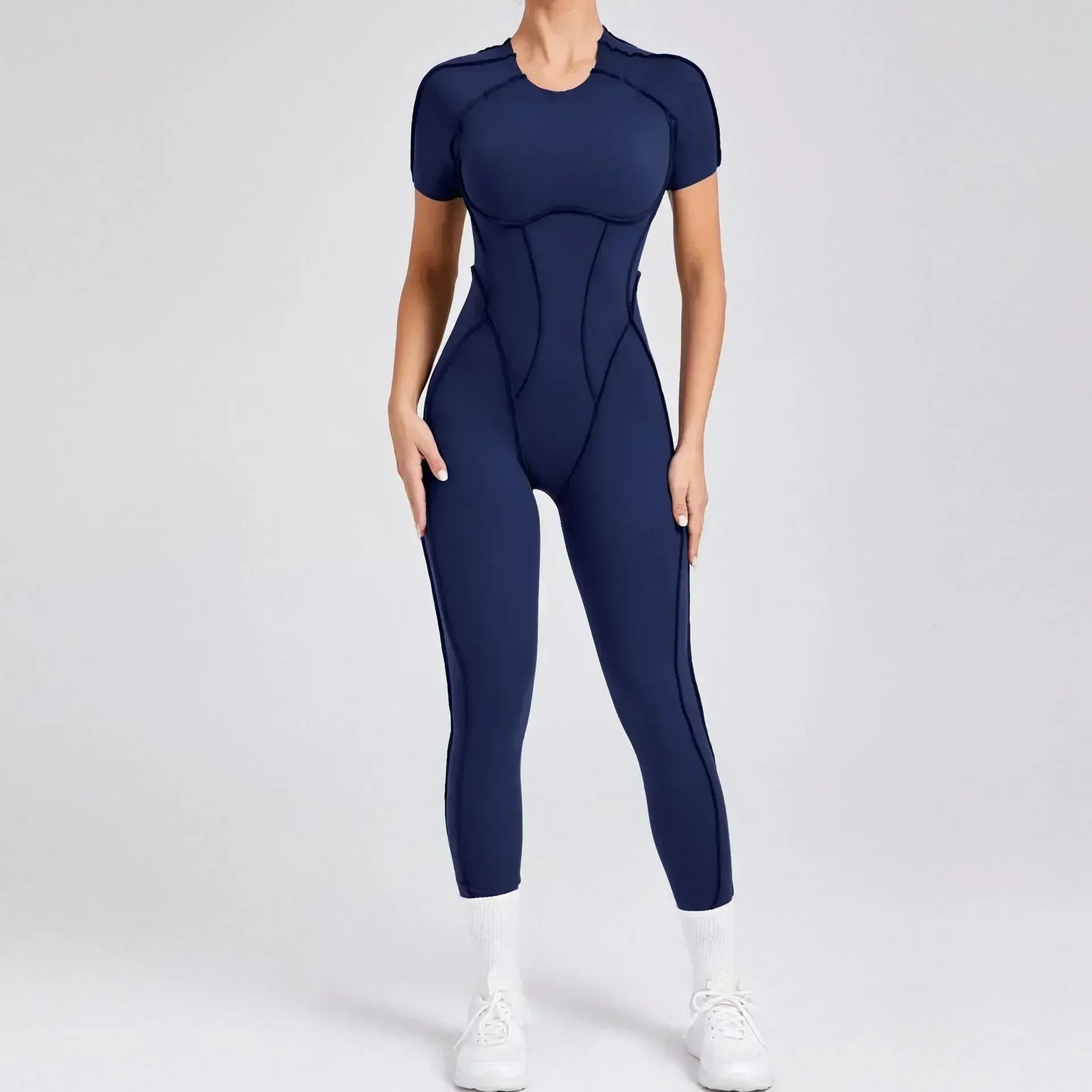 Women's Short Sleeve Nylon Blend Workout Jumpsuit with Open Back