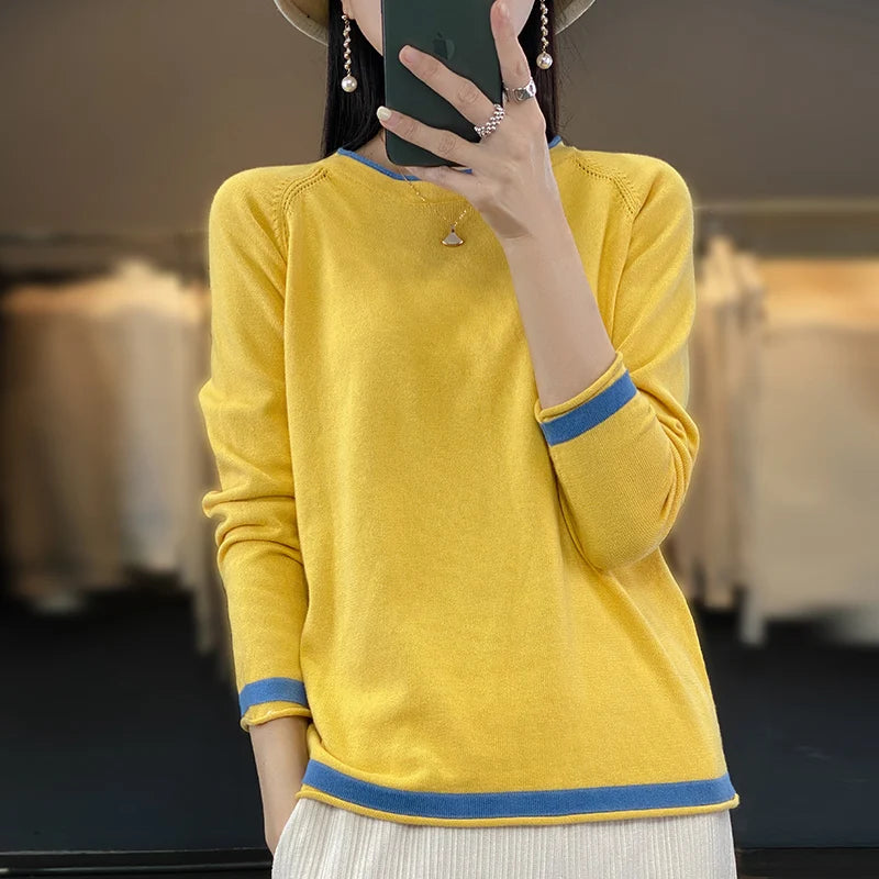 Women's Crew Neck Contrast Stripe Trim Sweater Casual Knit Layer