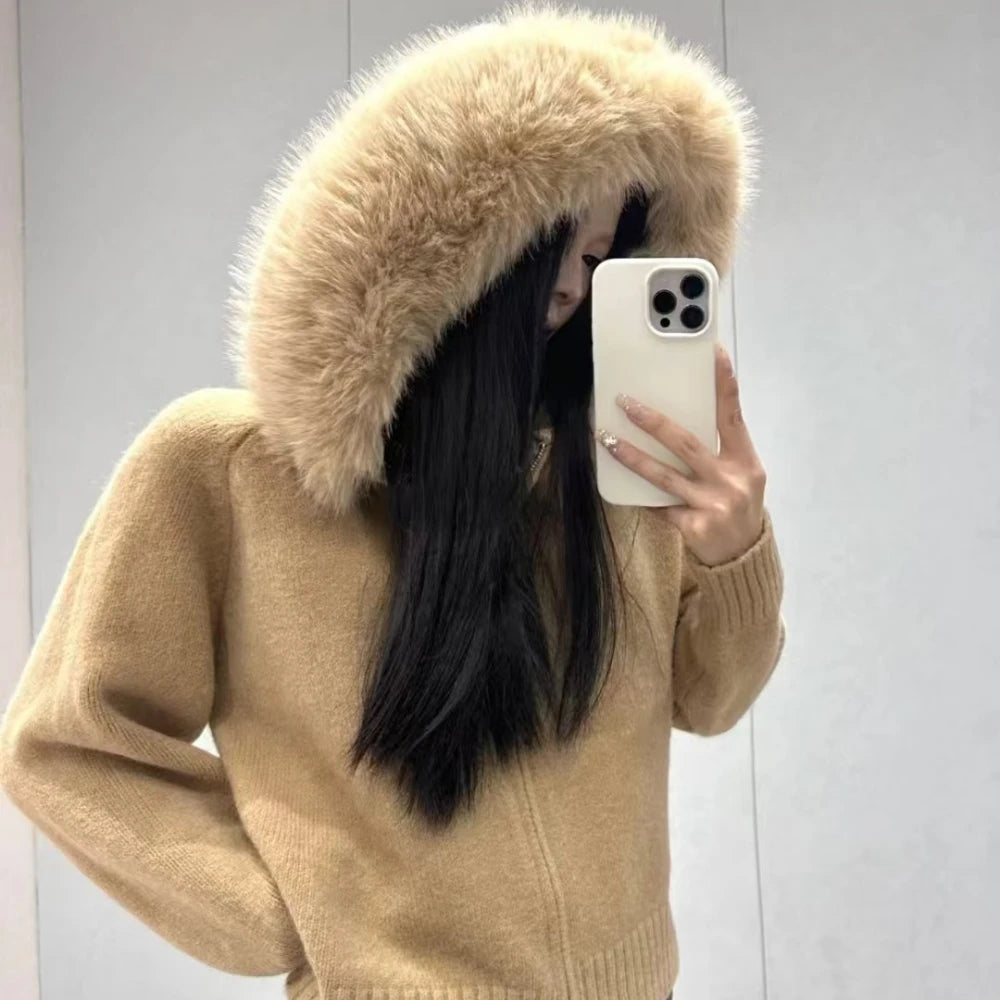 Women's Hooded Zip Front Fluffy Trim Jacket Casual Knit Layer