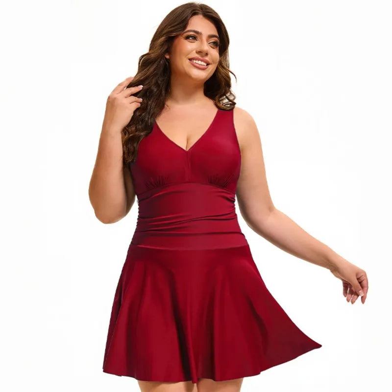 Women's V Neck Ruched Waist Skirted Swimdress Bathing Suit
