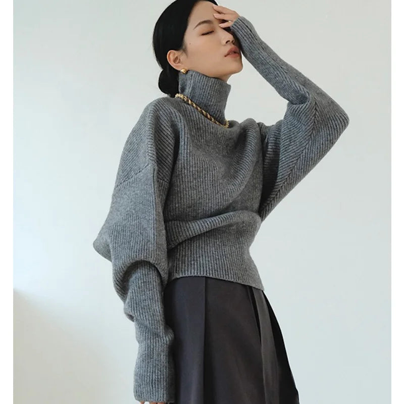 French retro high-neck pullover pure wool sweater women's short knitted base sweater waist-cinching and versatile top