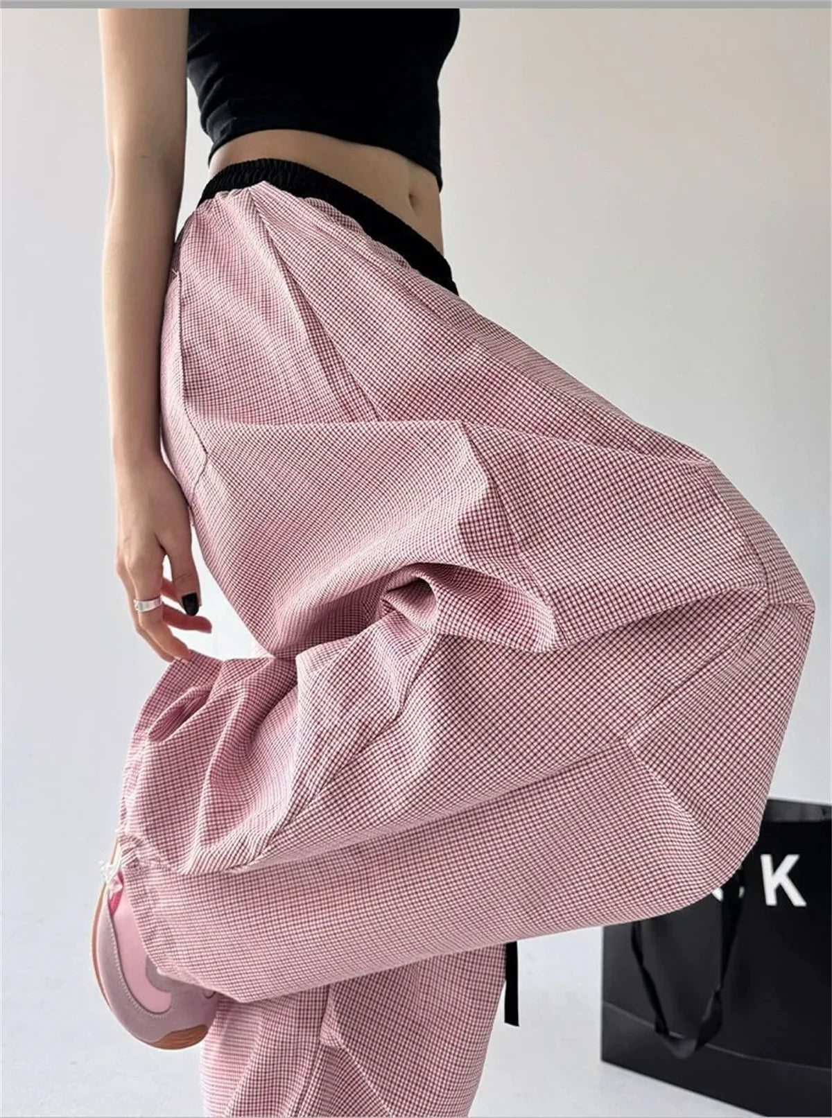 Women's Wide Leg Cargo Pants with Contrast Stripes and Drawstring Waist