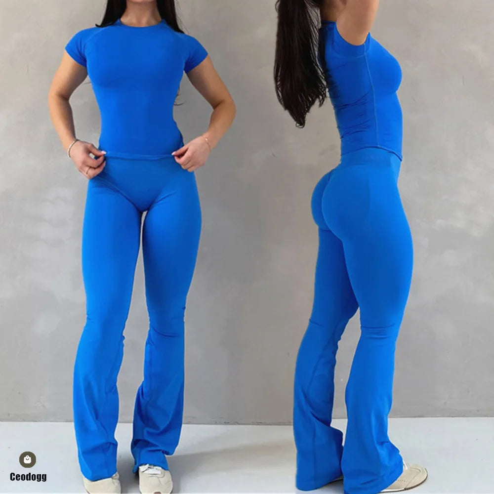 Women's Tee And Flared Bottoms Yoga Set For Workout Outfits