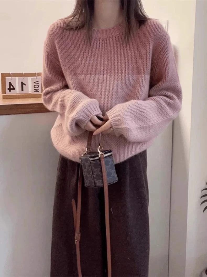 Crew-neck matching striped cashmere sweater women's long-sleeved autumn/winter loose wool base sweater