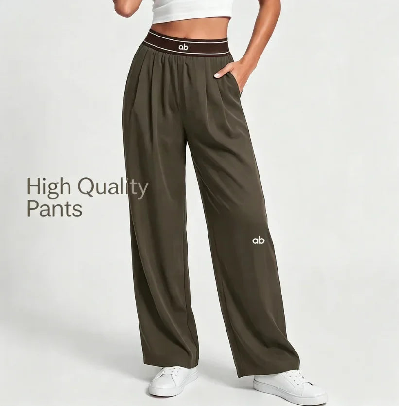 Women's Drawstring Waist Polyester Blend Wide Leg Pants for Casual Workouts