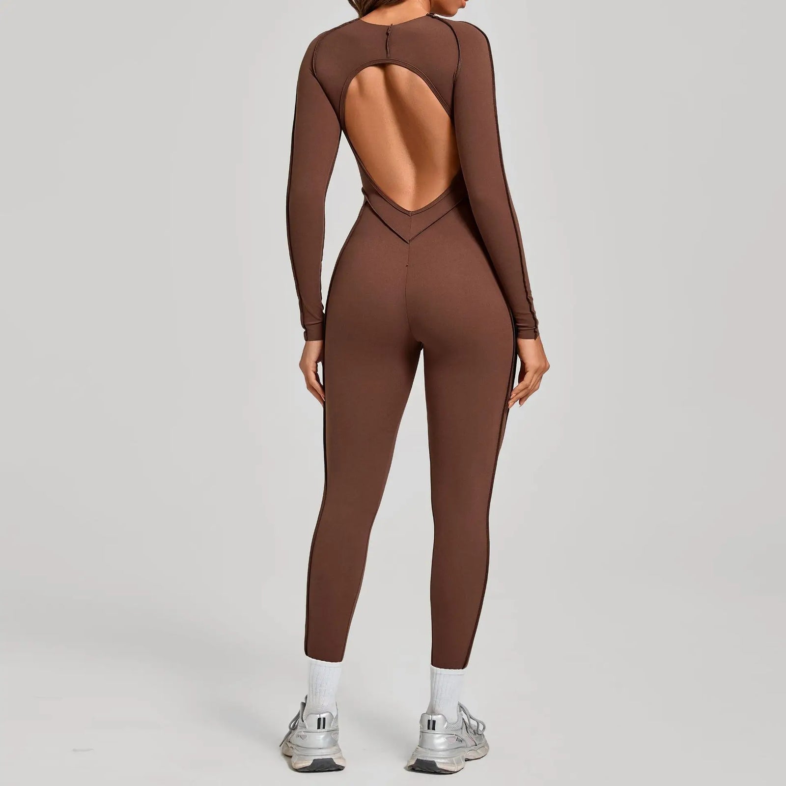 Women's Long Sleeve Nylon Blend Workout Jumpsuit with Back Cutout