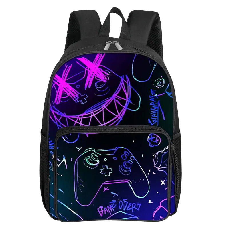 Children's Gamepad Print Backpack with Front Pocket and Twin Shoulder Straps