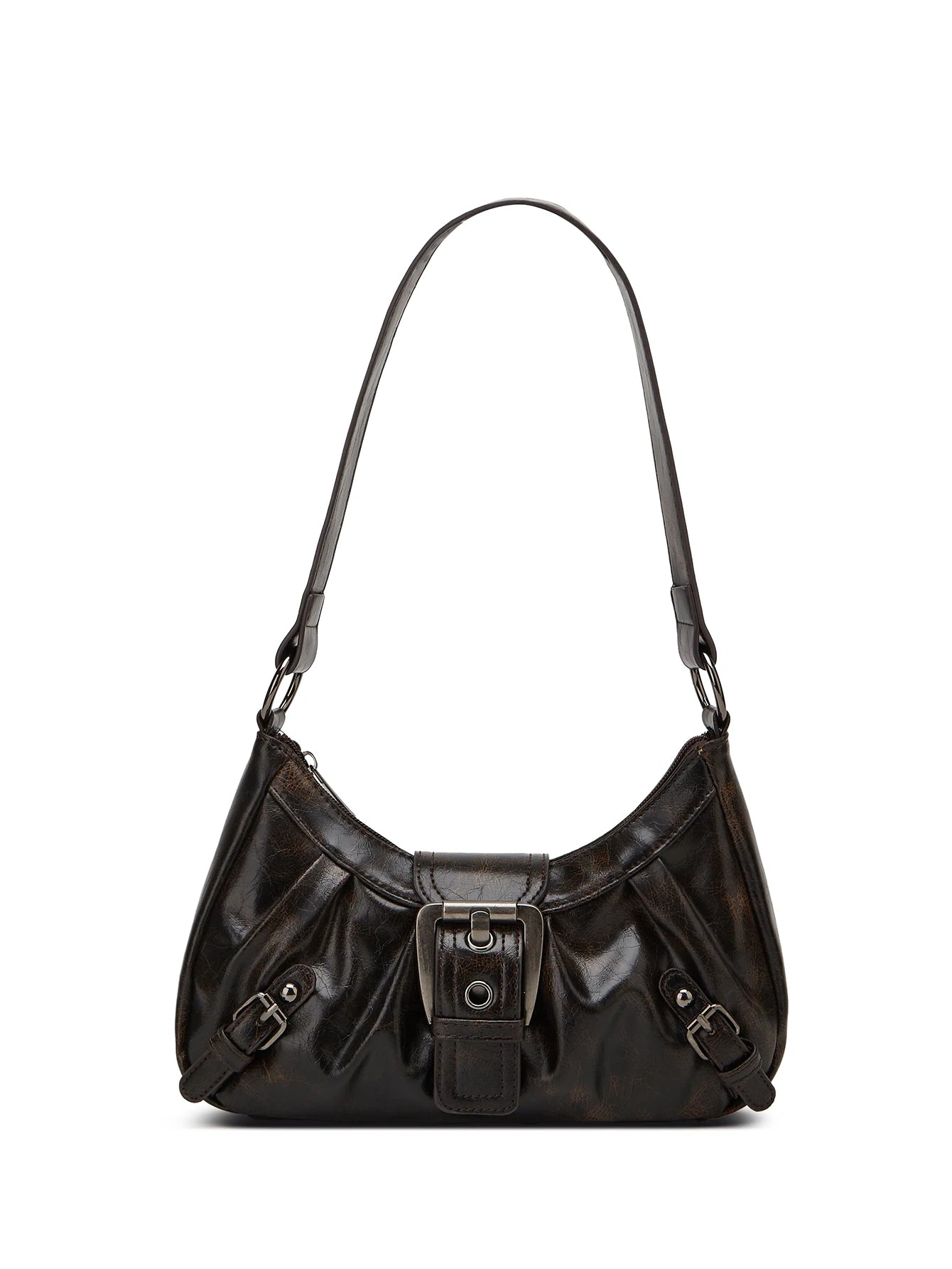 Retro Pleated Shoulder Handbag with Decorative Rivet Details