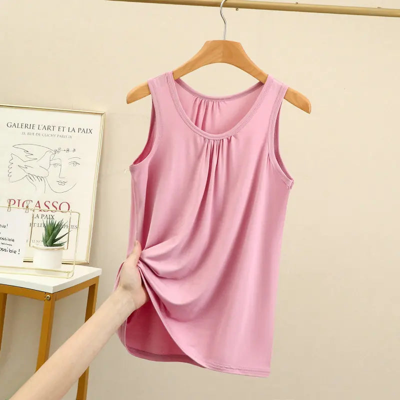 Women's Gathered Neck Polyester Modal Tank Top with Loose Sleeveless Fit