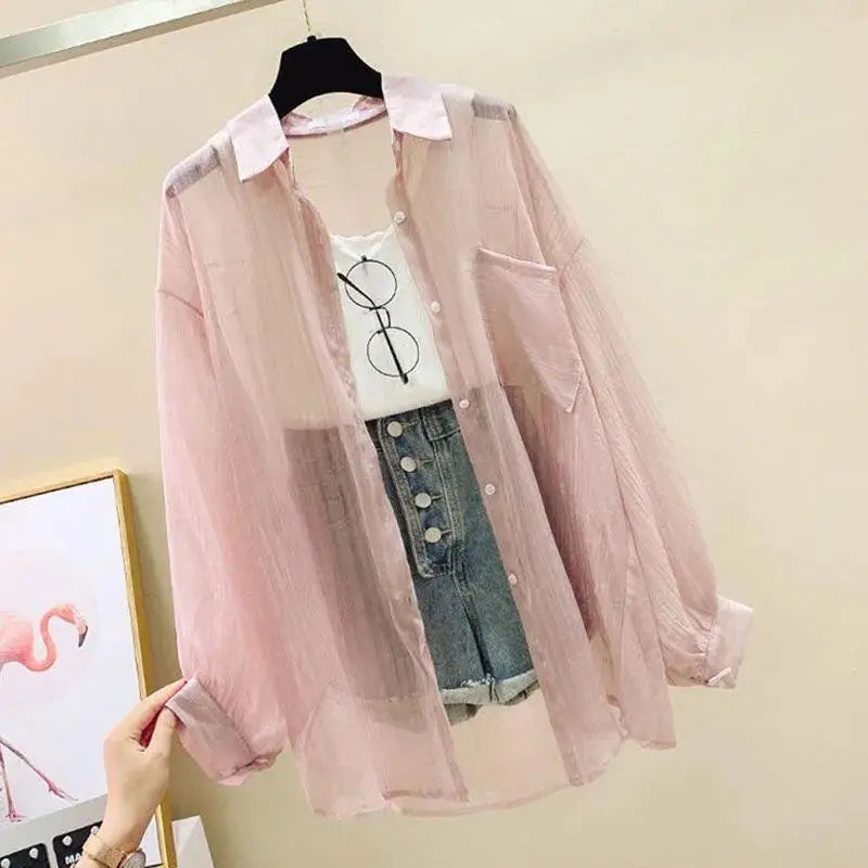 Women's Sheer Collared Long Sleeve Button Front Shirt