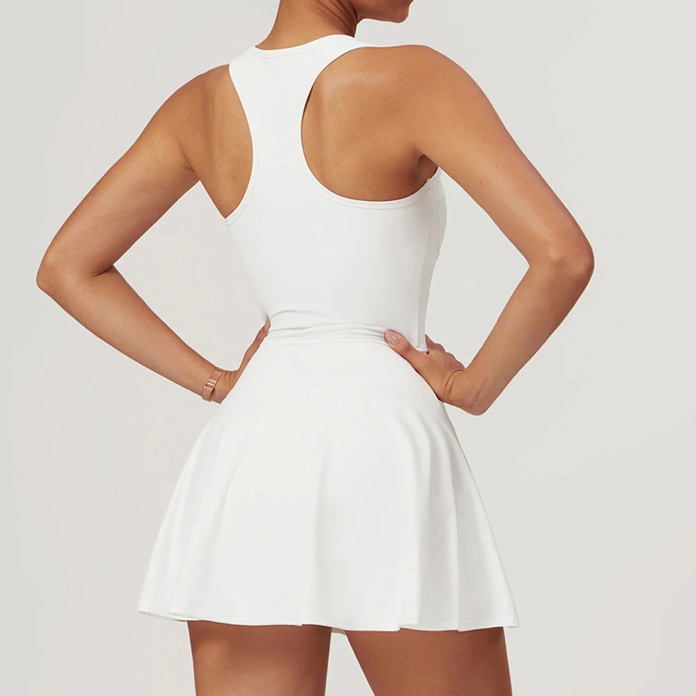 Women's Sleeveless Nylon Blend Athletic Dress with Front Zip and Inner Shorts