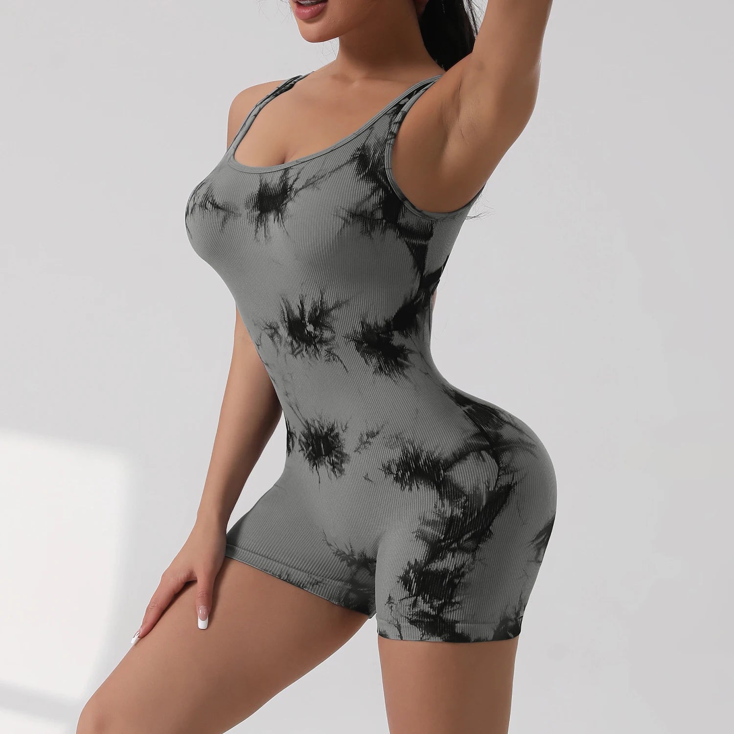 Women's Tie Dye Nylon Blend Workout Romper with Tank Neckline and Back Cutout