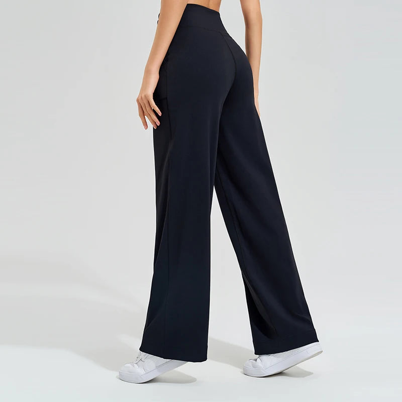 Women's Drawstring Waist Nylon Blend Wide Leg Workout Pants with Pockets