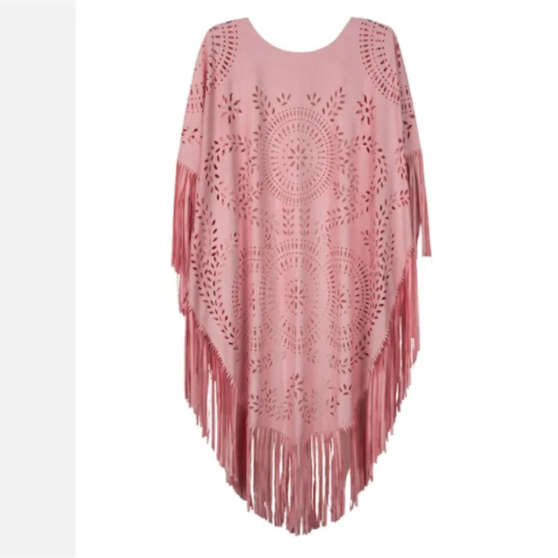 Floral Cutout Long Fringe Cape for Layering over Outfits