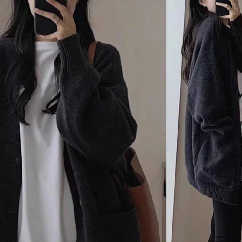 Elegant Versatile Round Neck Women's Autumn/Winter Loose Long-line Base Layer Sweater Wool Coat & Cashmere Knitted Cardigan