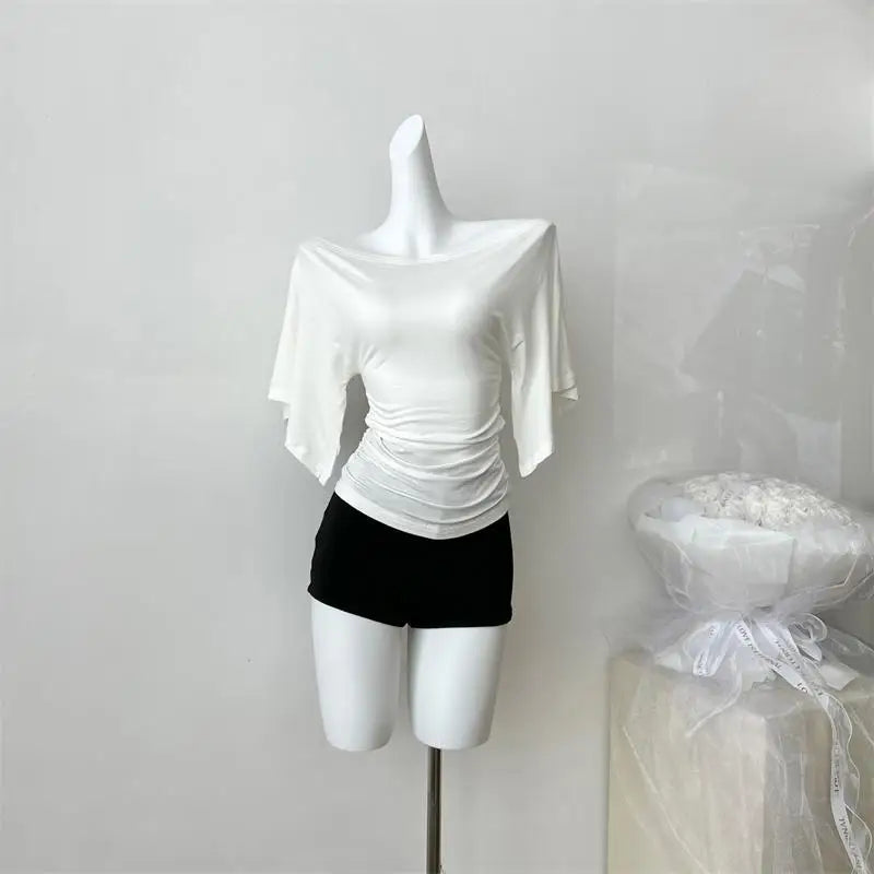 Women's Solid Polyester Slash Neck Blouse with Flared Sleeves and a Fitted Shape