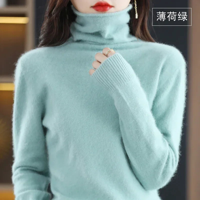 Women's Fluffy Roll Neck Long Sleeve Sweater Casual Knit Layer