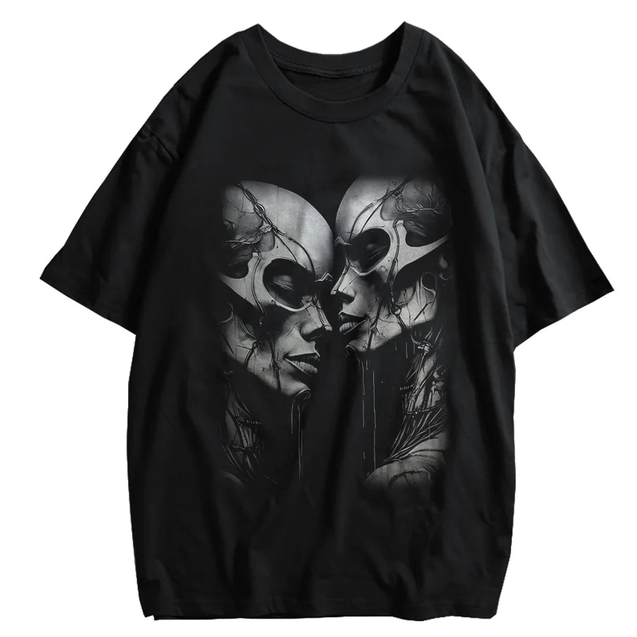 Japanese Cat Cartoon Graphic Baggy T-Shirt Men Streetwear