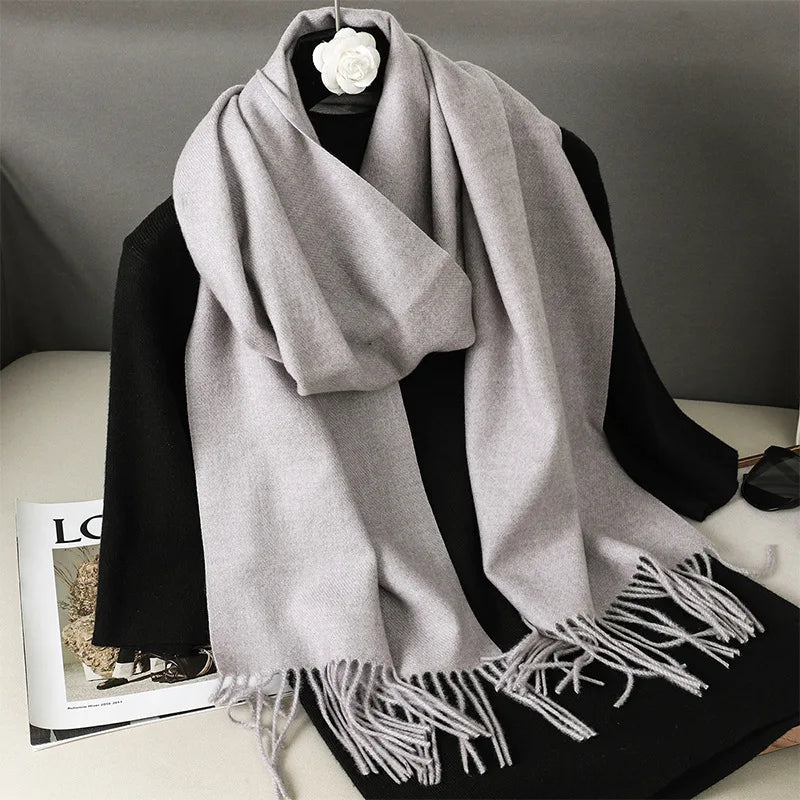 Solid Long Rectangular Scarf with Decorative Fringe Trim