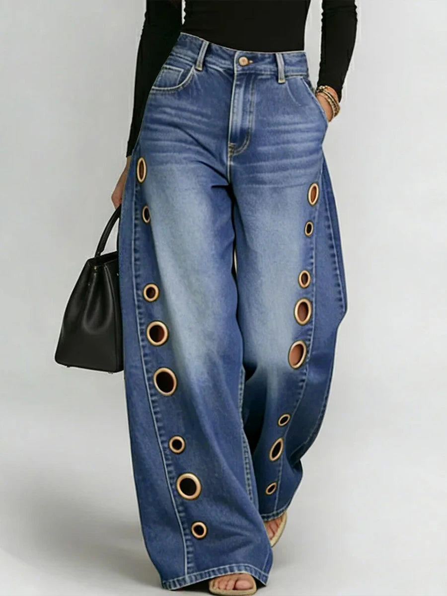 Women's Side Grommet Wide Leg Denim Jeans For Everyday Outfits