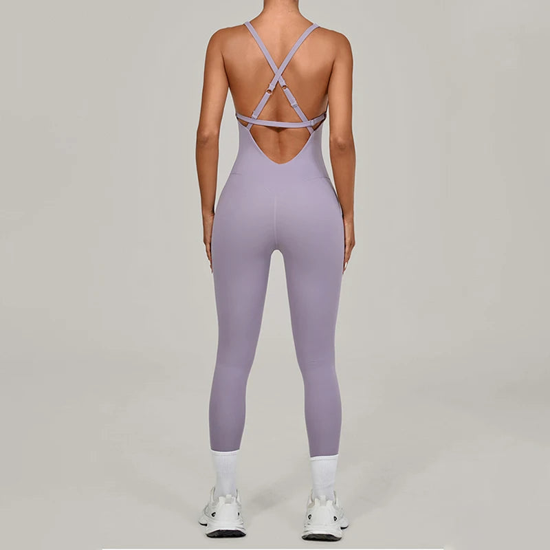 Women's Thin Strap Nylon Blend Workout Jumpsuit with Crisscross Back