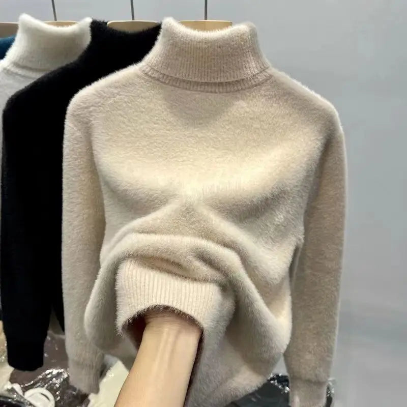 Women's Fluffy Roll Neck Long Sleeve Sweater Casual Knit Layer