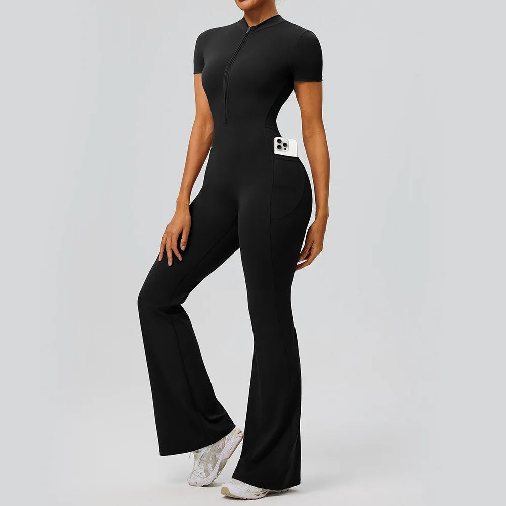 Women's Short Sleeve Nylon Blend Flared Workout Jumpsuit with Front Zip
